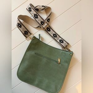 Elegant Olive Crossbody Bag with Patterned Strap